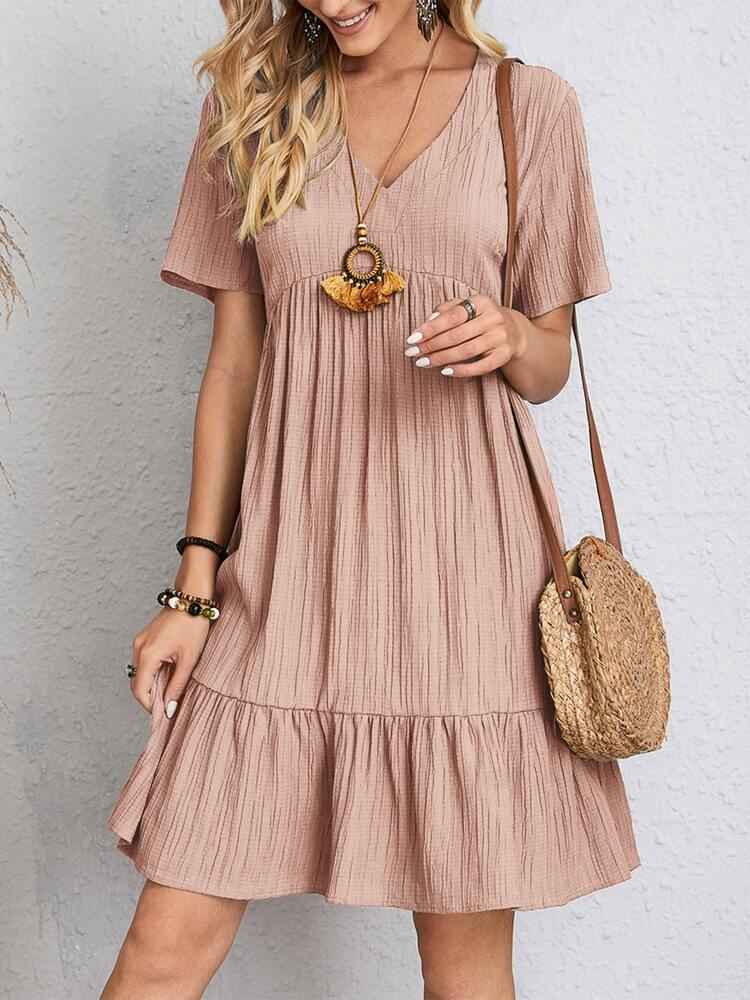 V-neck Short Sleeve Dress Summer Fashion Casual Loose Ruffled Dresses Beach Clothing Women - FIFI LONDON