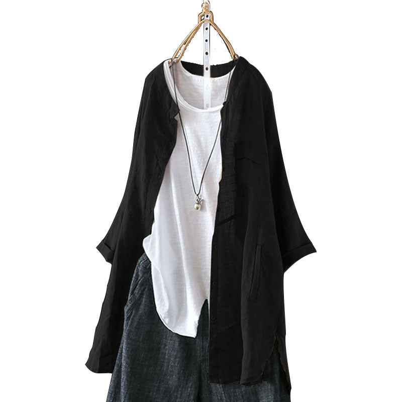 Women's Cotton & Linen Long Sleeve Retro Shirt shown front-on on model — oversized all-match blouse with collage detail, Fifi London collection