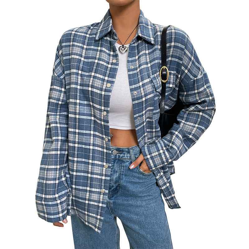 Classic Check Thin Shirt Coat Women’s Loose Casual shown front-on on model — Fifi London Autumn collection