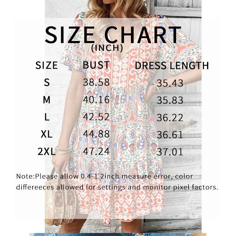 Women Casual Summer Dress Boho Drawstring V Neck Short Sleeve Floral Print Flowy Beach Dress - FIFI LONDON