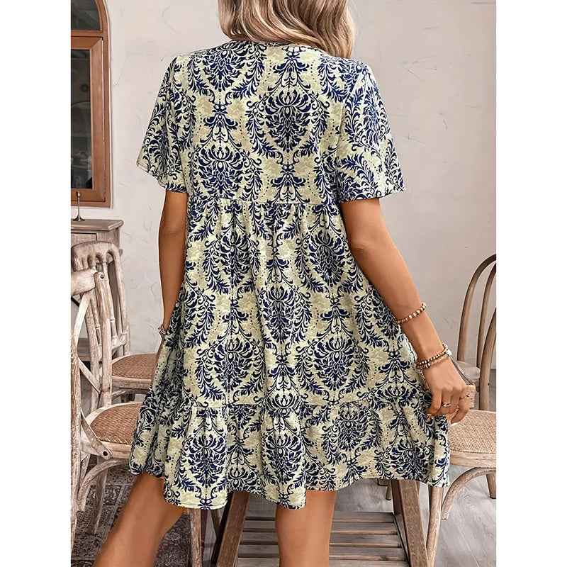 Women Casual Summer Dress Boho Drawstring V Neck Short Sleeve Floral Print Flowy Beach Dress - FIFI LONDON