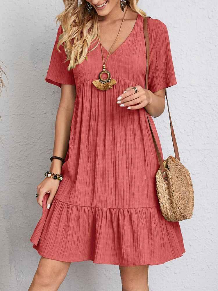 V-neck Short Sleeve Dress Summer Fashion Casual Loose Ruffled Dresses Beach Clothing Women - FIFI LONDON