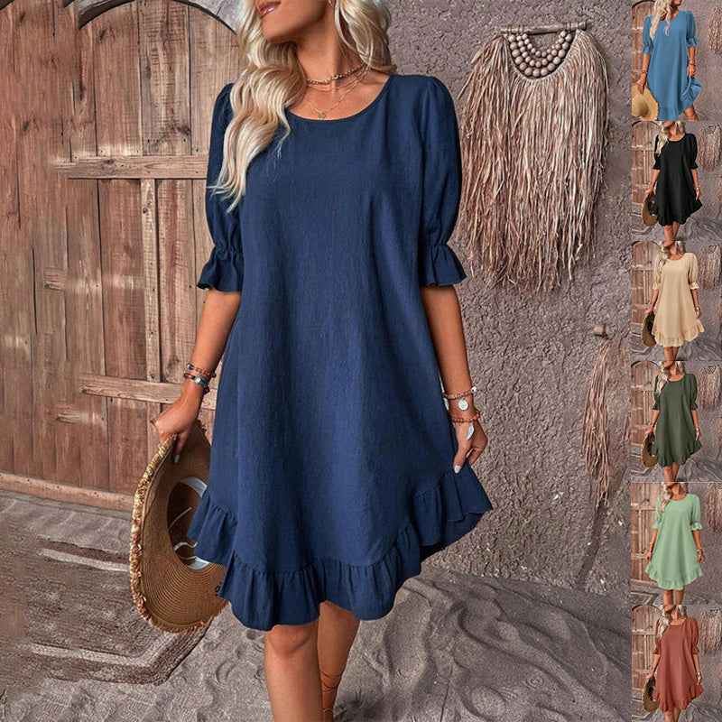Fashion Ruffle Short-sleeved Dress Summer Solid Color Round Neck Loose Straight Dresses Womens Clothing - FIFI LONDON