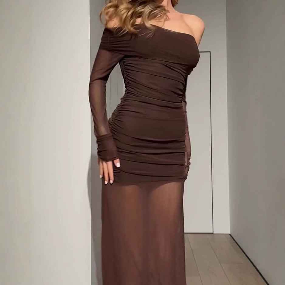 Women’s Off Shoulder Pleated Mesh Elegant Pleated Dress shown front-on on model — Fifi London Spring collection