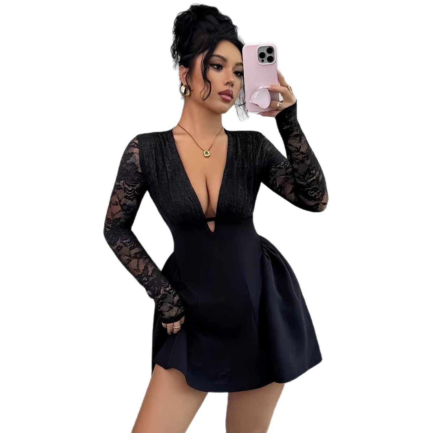Women's lace patchwork V-neck dress styled for elegant occasion wear, full-length view