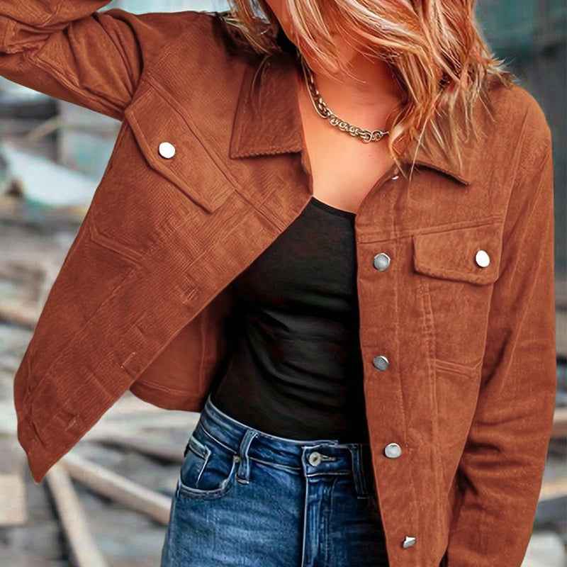Women's Corduroy Long Sleeve Jacket - Casual Button-Up Coat With Flap Pockets, Fall & Spring Fashion Outerwear - FIFI LONDON