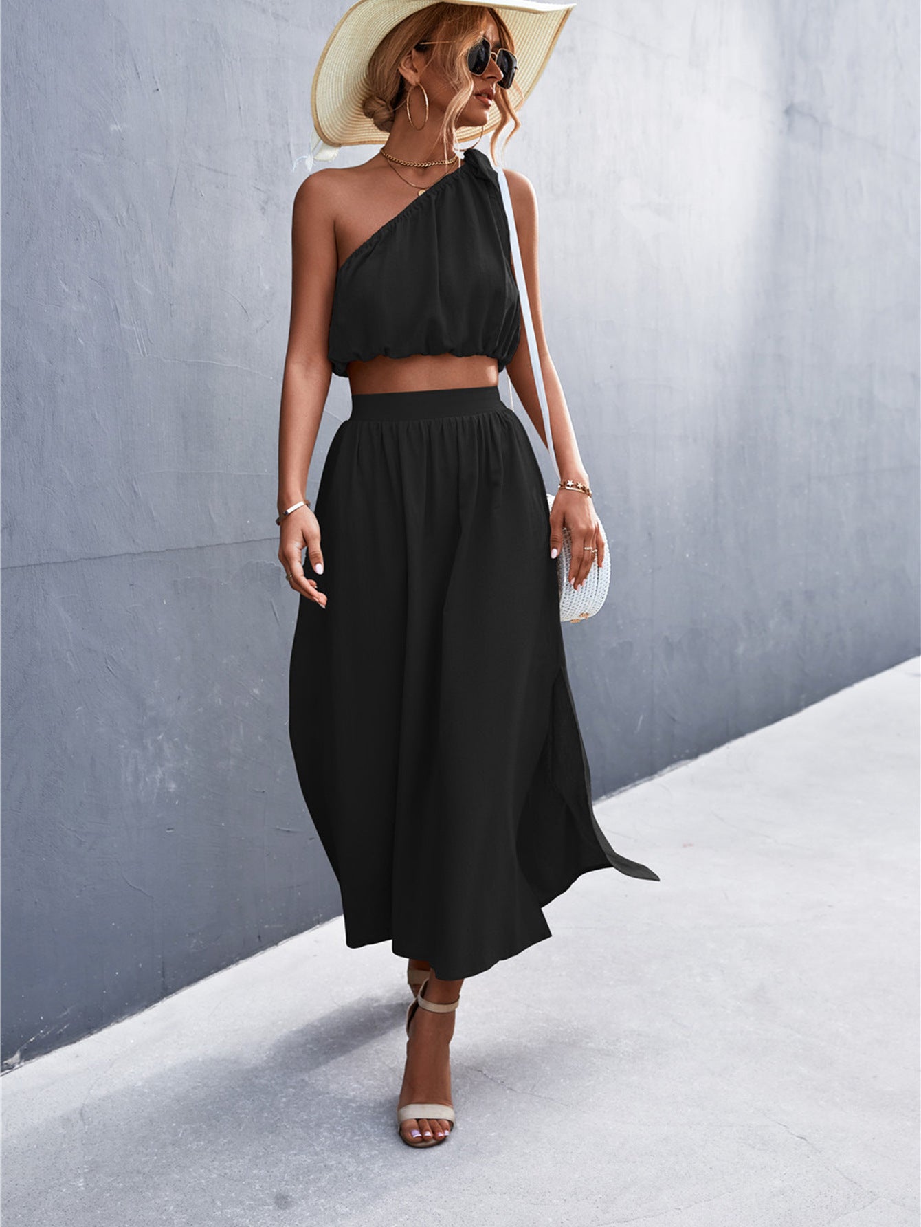 Sexy Oblique Shoulder Lace-Up Vest Slit Midi Skirt Suit shown front-on on model — Fifi London Summer collection