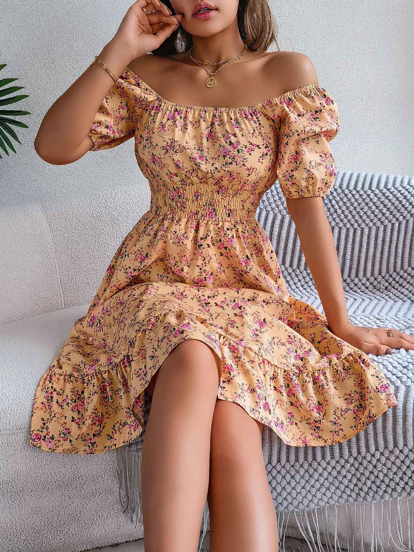 Floral square collar dress