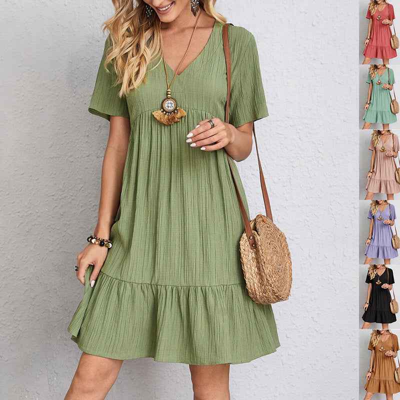 V-neck Short Sleeve Dress Summer Fashion Casual Loose Ruffled Dresses Beach Clothing Women - FIFI LONDON