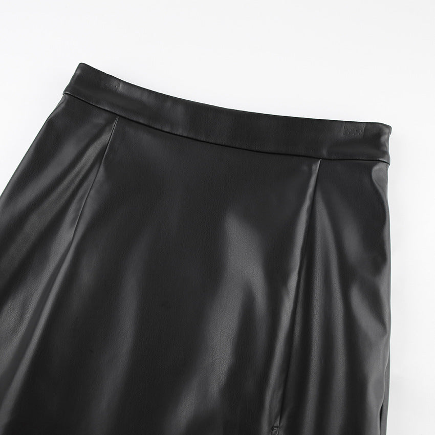 Slit Leather Sexy Mid-Length Skirt High Waist Skirt shown front-on on model — Fifi London Autumn collection