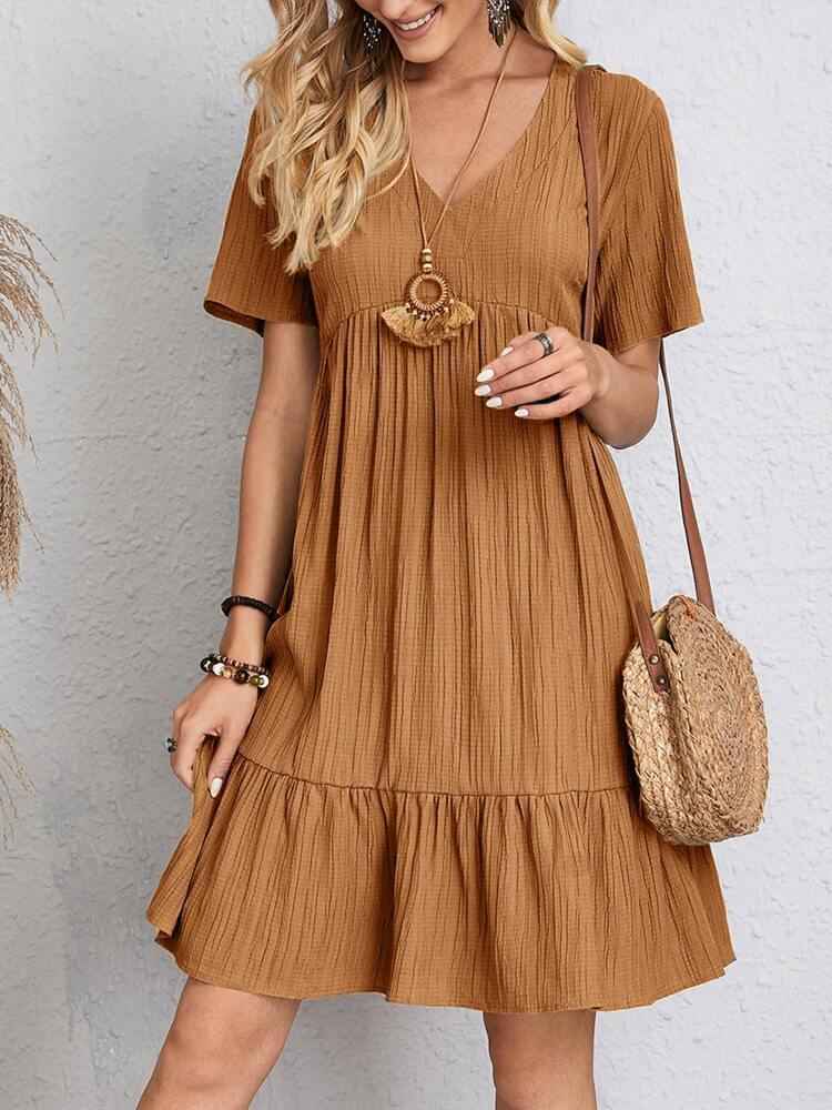 V-neck Short Sleeve Dress Summer Fashion Casual Loose Ruffled Dresses Beach Clothing Women - FIFI LONDON