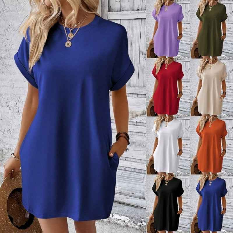 Loose Short Sleeve Dress With Pockets Summer Casual Solid Color Round Neck Straight Dresses Womens Clothing - FIFI LONDON