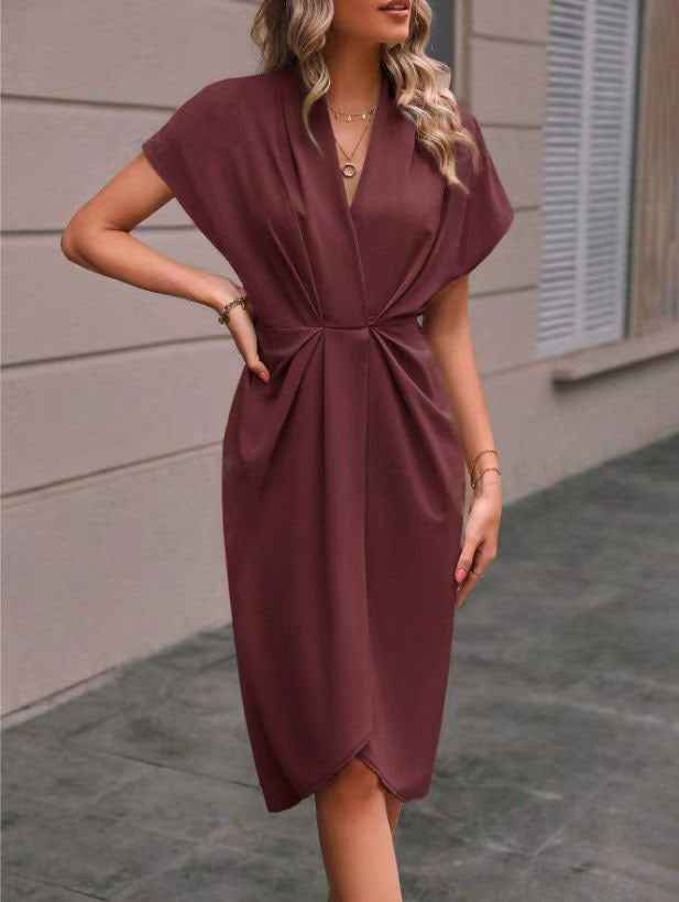 Summer Batwing Sleeve Dress Fashion V-neck Short Sleeve Pleated Dresses Womens Clothing - FIFI LONDON