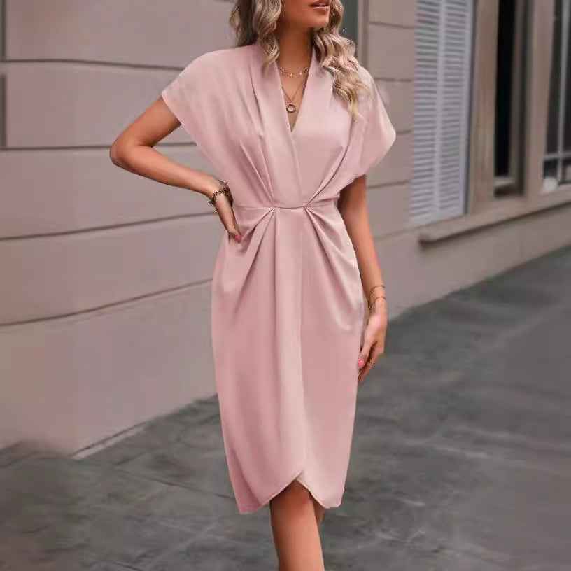 Summer Batwing Sleeve Dress Fashion V-neck Short Sleeve Pleated Dresses Womens Clothing - FIFI LONDON