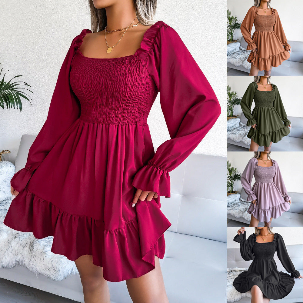 Flared Long Sleeve Dresses Women Square Neck Ruffled Swing Dress — bridesmaid dresses UK boutique