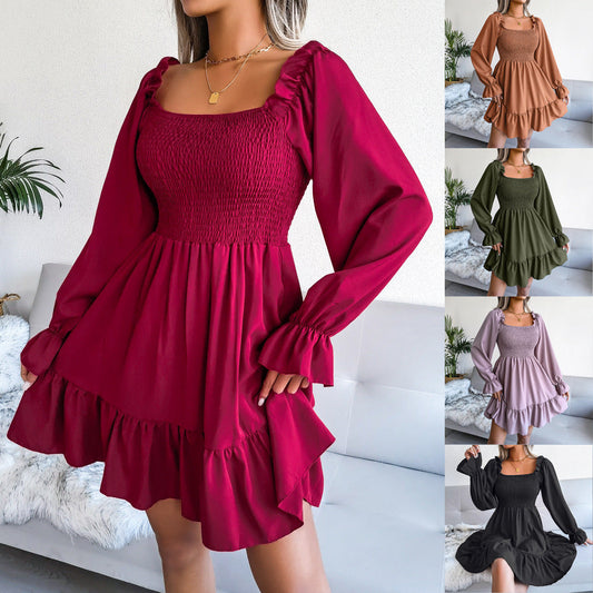 Flared Long Sleeve Dresses Women Square Neck Ruffled Swing Dress — bridesmaid dresses UK boutique