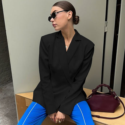Sexy No Back Slim Fit Long Sleeve Suit Coat shown front-on on model — Fifi London Autumn collection