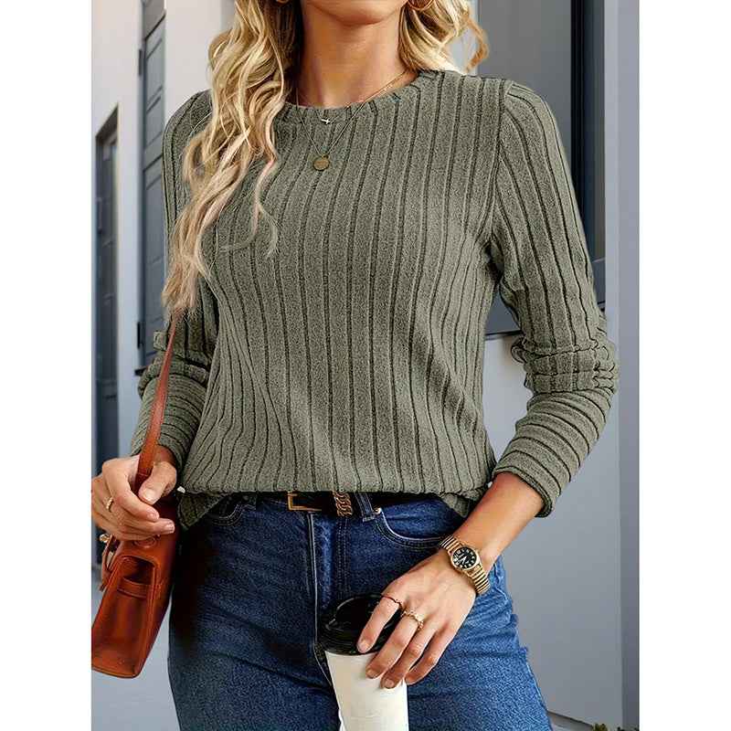Women's 3 Pack Ribbed Knit Long Sleeve Shirts, Crew Neck Casual Stretch Tees, Basic Comfortable Tops