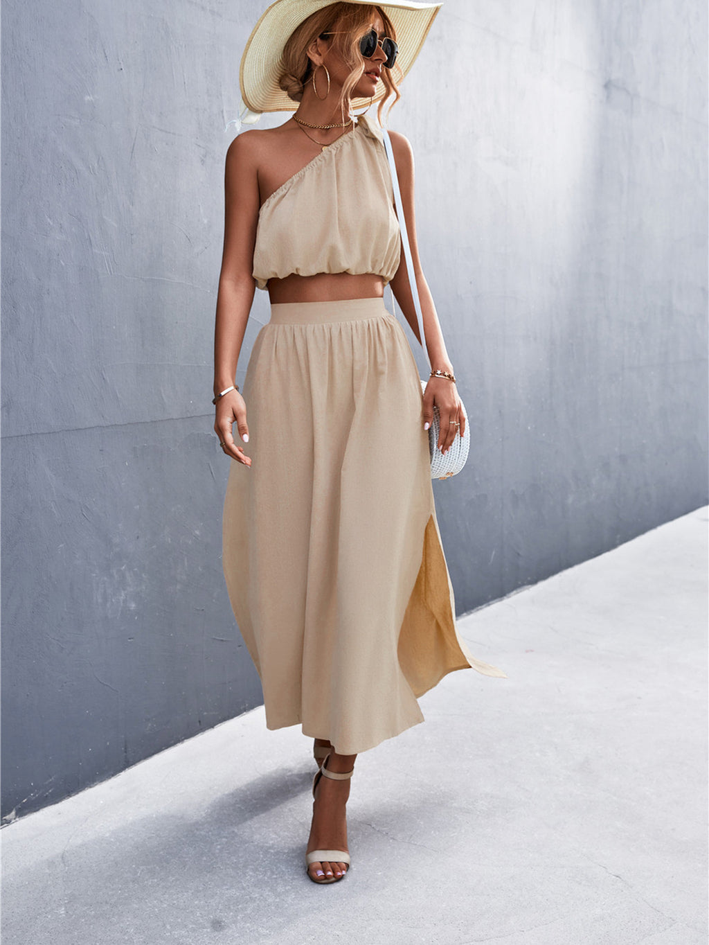 Sexy Oblique Shoulder Lace-up Vest Slit Midi Skirt Suit