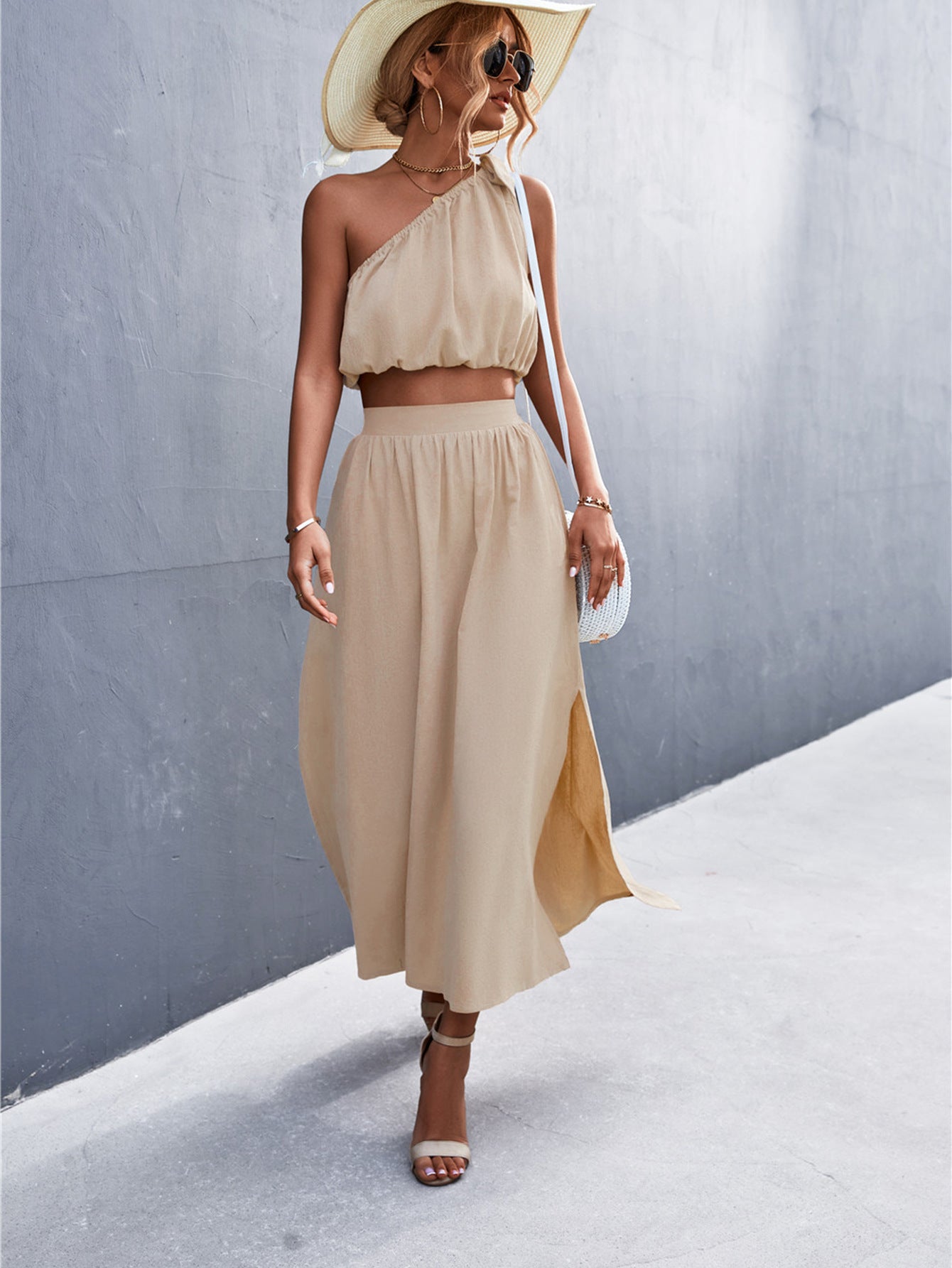 Sexy Oblique Shoulder Lace-Up Vest Slit Midi Skirt Suit shown front-on on model — Fifi London Summer collection