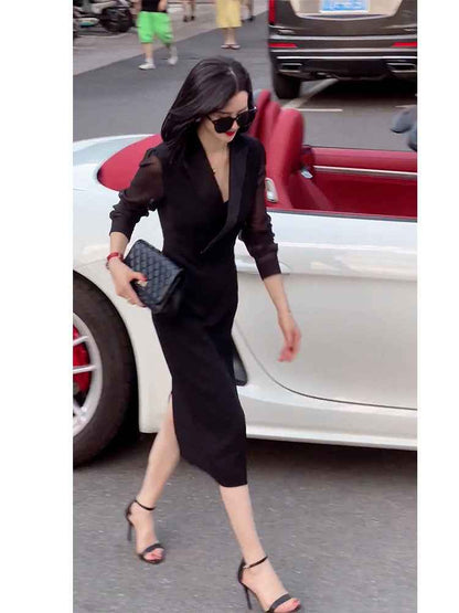French Style Elegant Lady Hepburn Style Adult Lady-Like Young Black Dress shown front-on on model — Fifi London Autumn collection