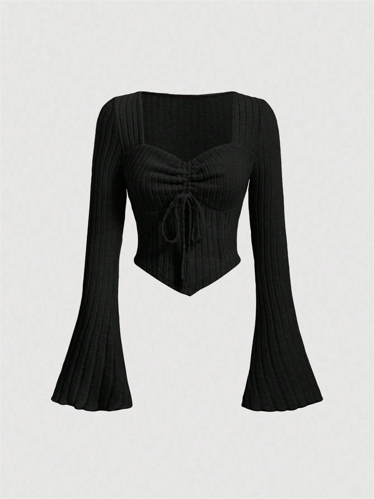 Printed Sexy Lace Thick Long-Sleeved T-Shirt Knitted Sweater shown front-on on model — Fifi London Autumn collection