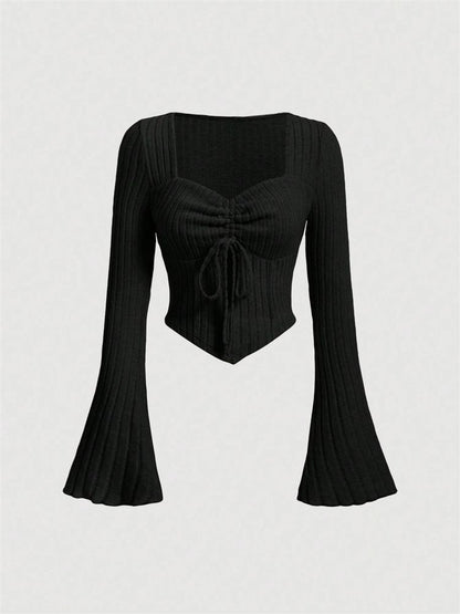 Printed Sexy Lace Thick Long-Sleeved T-Shirt Knitted Sweater shown front-on on model — Fifi London Autumn collection