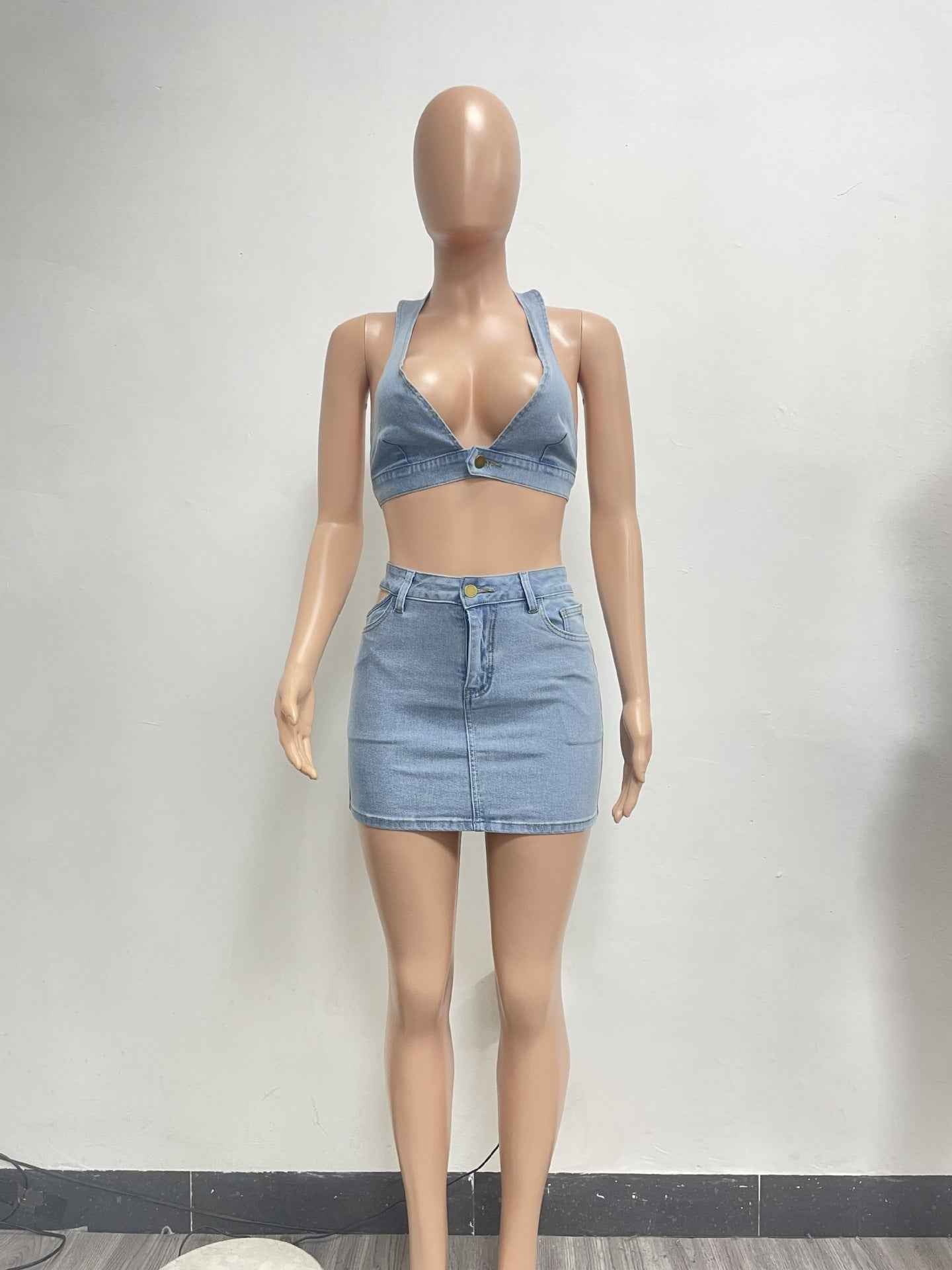 Washed Elastic Denim Casual Sexy Skirt Suit shown front-on on model — Fifi London Summer collection