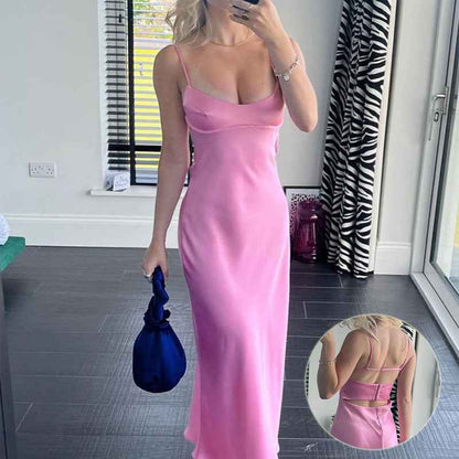 Women’s Satin Midi Slip Dress shown front-on on model — Fifi London Summer collection