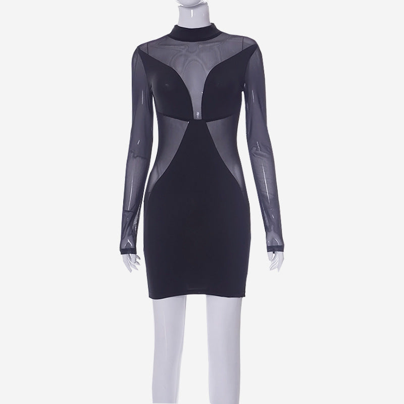 New Style Pure Colour Mesh Sexy Slim Short Dress shown front-on on model — Fifi London Summer collection