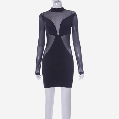 New Style Pure Colour Mesh Sexy Slim Short Dress shown front-on on model — Fifi London Summer collection