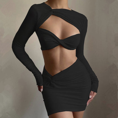 Sexy Midriff Long-Sleeved Skirt Two-Piece Spice Outfit shown front-on on model — Fifi London Summer collection