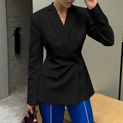 Sexy No Back Slim Fit Long Sleeve Suit Coat shown front-on on model — Fifi London Autumn collection