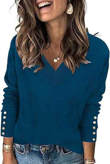 Women’s Casual Knitted V-Neck Sweater shown front-on on model — Fifi London Autumn collection