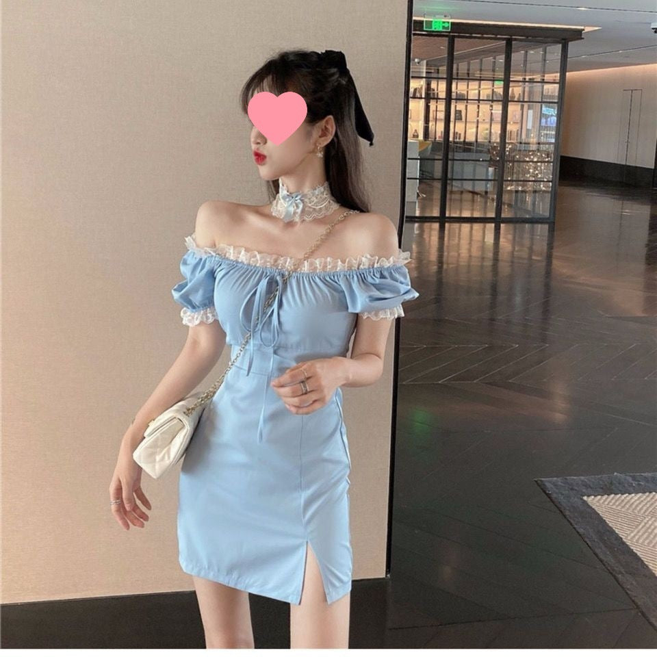 French Minority Blue Dress Women shown front-on on model — Fifi London Summer collection