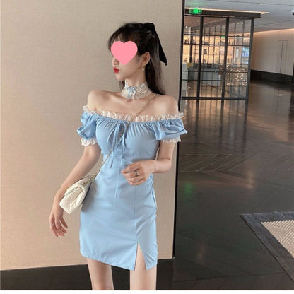 French Minority Blue Dress Women shown front-on on model — Fifi London Summer collection