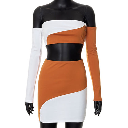Women's contrast colour off-shoulder crop top and mini skirt set shown front-on on model — Fifi London Party collection