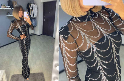 Women’s Long Sleeve Sequin Party Dress shown front-on on model — Fifi London Winter collection