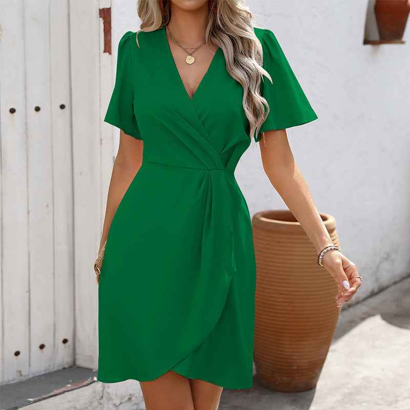 Summer V-neck Short-sleeved Dress Ins Fashion Tight-Waisted Beach Dresses Women's Clothing