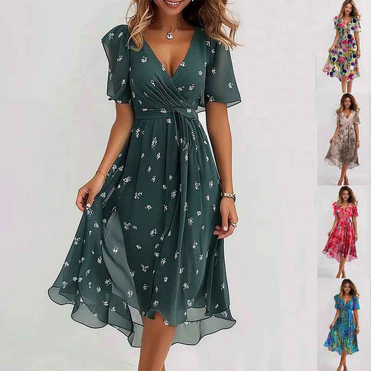 Chiffon printed V-neck dress