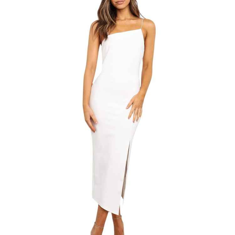 Women's Sleeveless Bodycon Midi Dress shown front-on on model with spaghetti straps and side slit — Fifi London collection