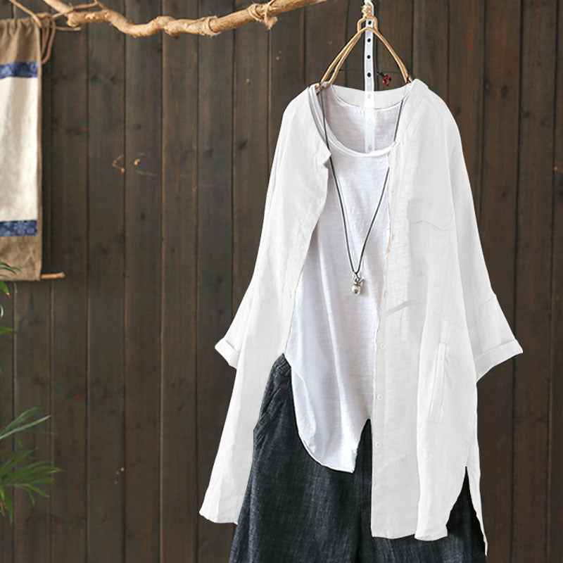 Women's Cotton & Linen Long Sleeve Retro Shirt shown front-on on model — oversized all-match blouse with collage detail, Fifi London collection