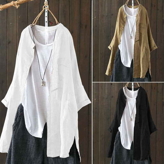 Women's Cotton & Linen Long Sleeve Retro Shirt shown front-on on model — oversized all-match blouse with collage detail, Fifi London collection