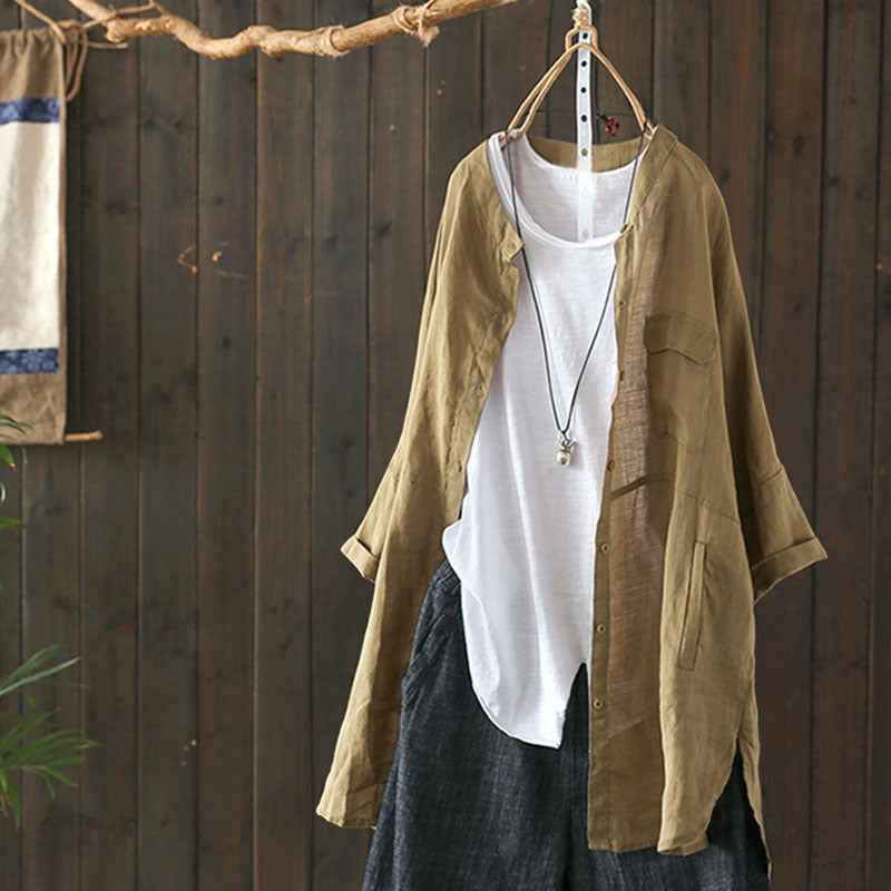 New Style Cotton And Linen Tops Women Casual Retro Shirts Cotton And Linen Long-Sleeved Shirts