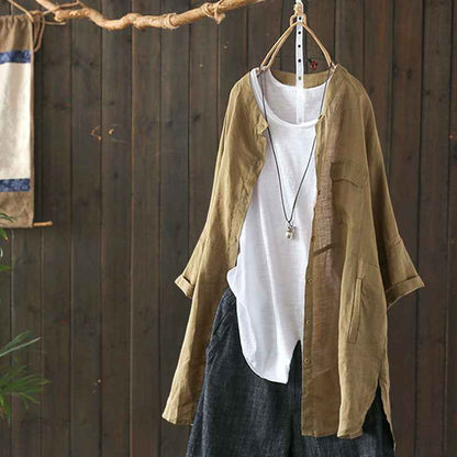 New Style Cotton And Linen Tops Women Casual Retro Shirts Cotton And Linen Long-Sleeved Shirts