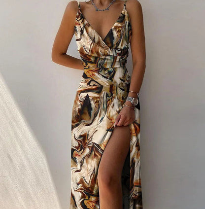 V-Neck Slit Sling Dress shown front-on on model — Fifi London Summer collection
