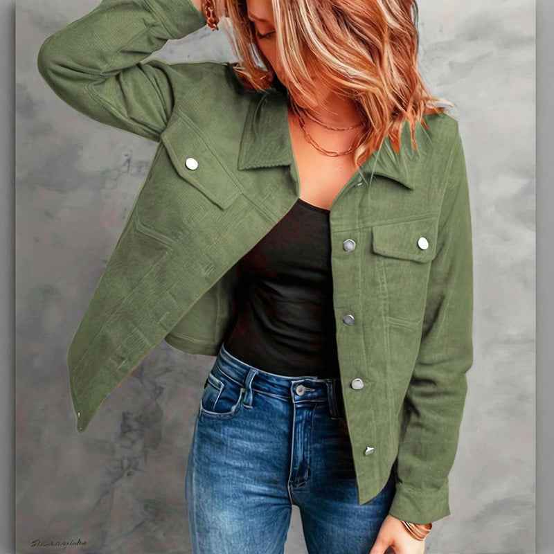 Women's Corduroy Long Sleeve Jacket - Casual Button-Up Coat With Flap Pockets, Fall & Spring Fashion Outerwear