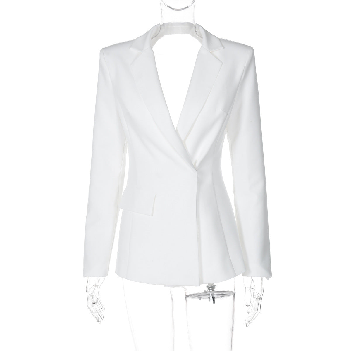 Sexy No Back Slim Fit Long Sleeve Suit Coat shown front-on on model — Fifi London Autumn collection