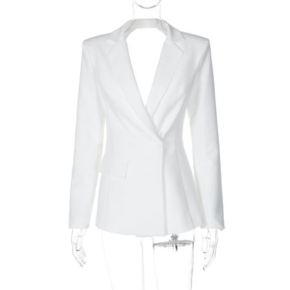 Sexy No Back Slim Fit Long Sleeve Suit Coat shown front-on on model — Fifi London Autumn collection