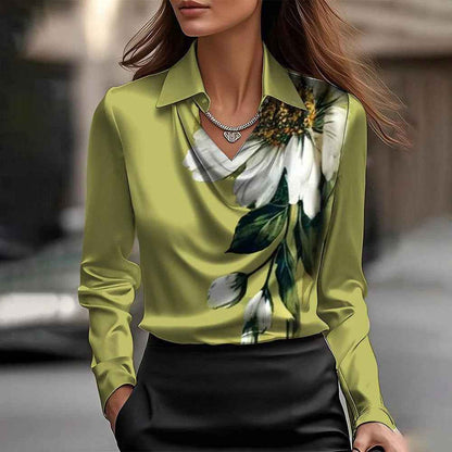 Women’s Swing Collar Draped Shirts Blouses Elegant Solid shown front-on on model — Fifi London Spring collection